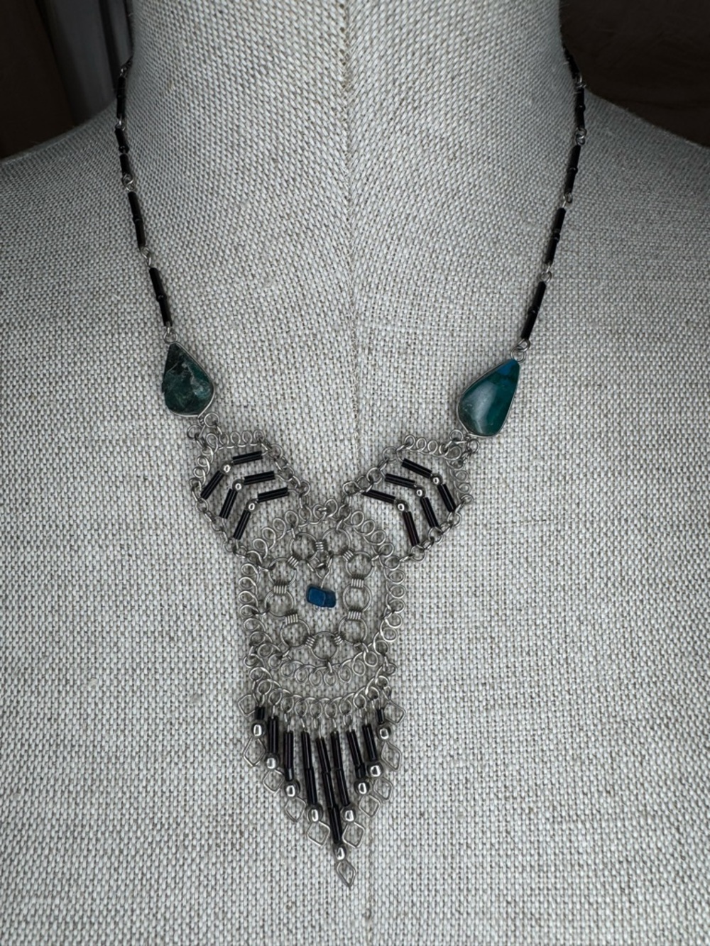 Silver Filigree Pendant Necklace with Teal Stones Vintage Dream Catcher